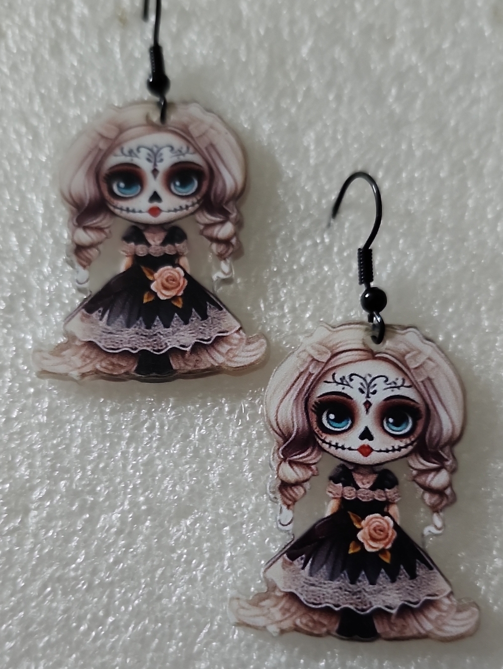 Hand Crafted Gothic Doll Earrings in Black, Pink, Cream